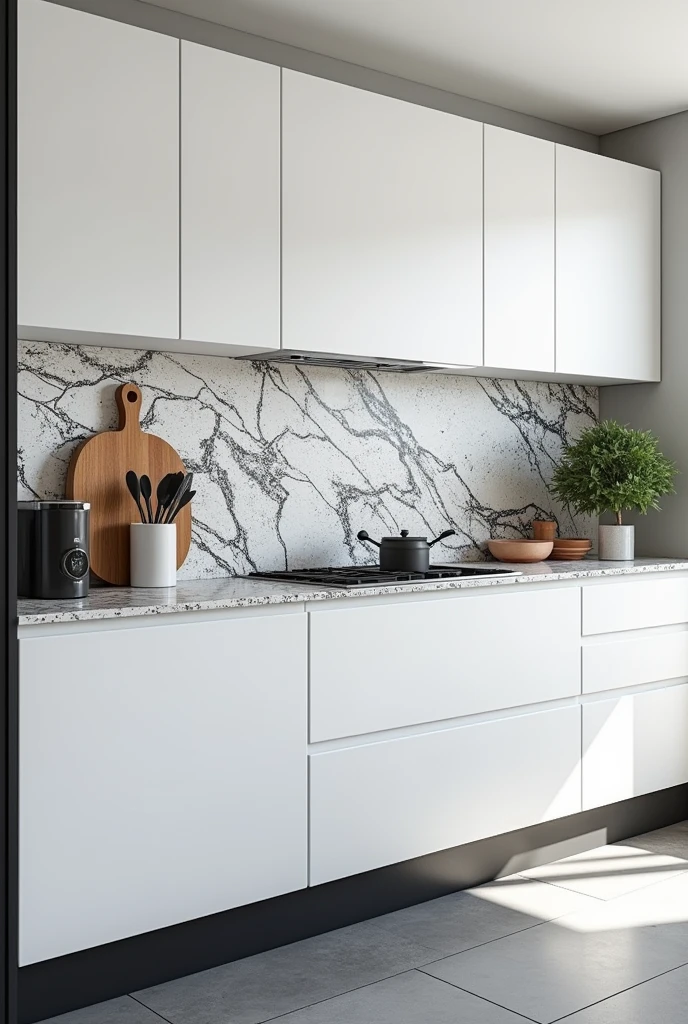 render, white kitchen with black and white terrazzo countertop , without handles and with black skirting boards and cupboards