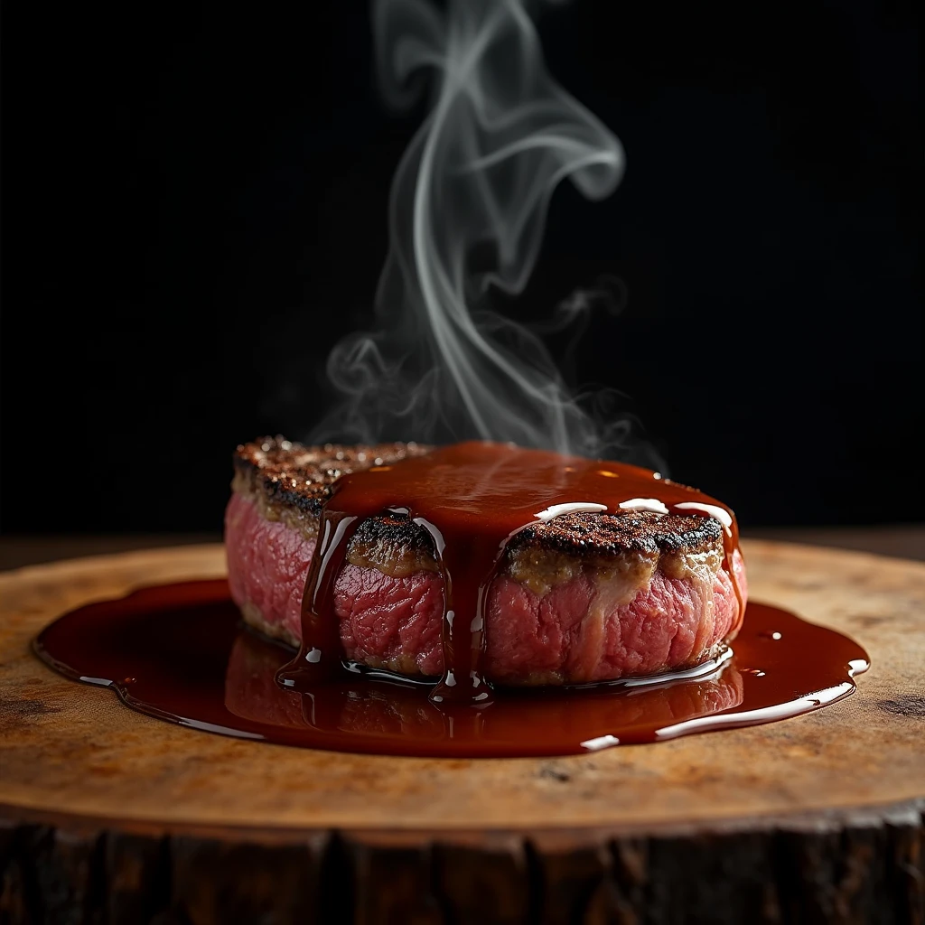 Steak recipe clean picture realistic food, steaming hot, peppercorn sauce on top of the steak and dripping off the side of the steak, on rustic wood floor, placed on a dark background, medium contrast
