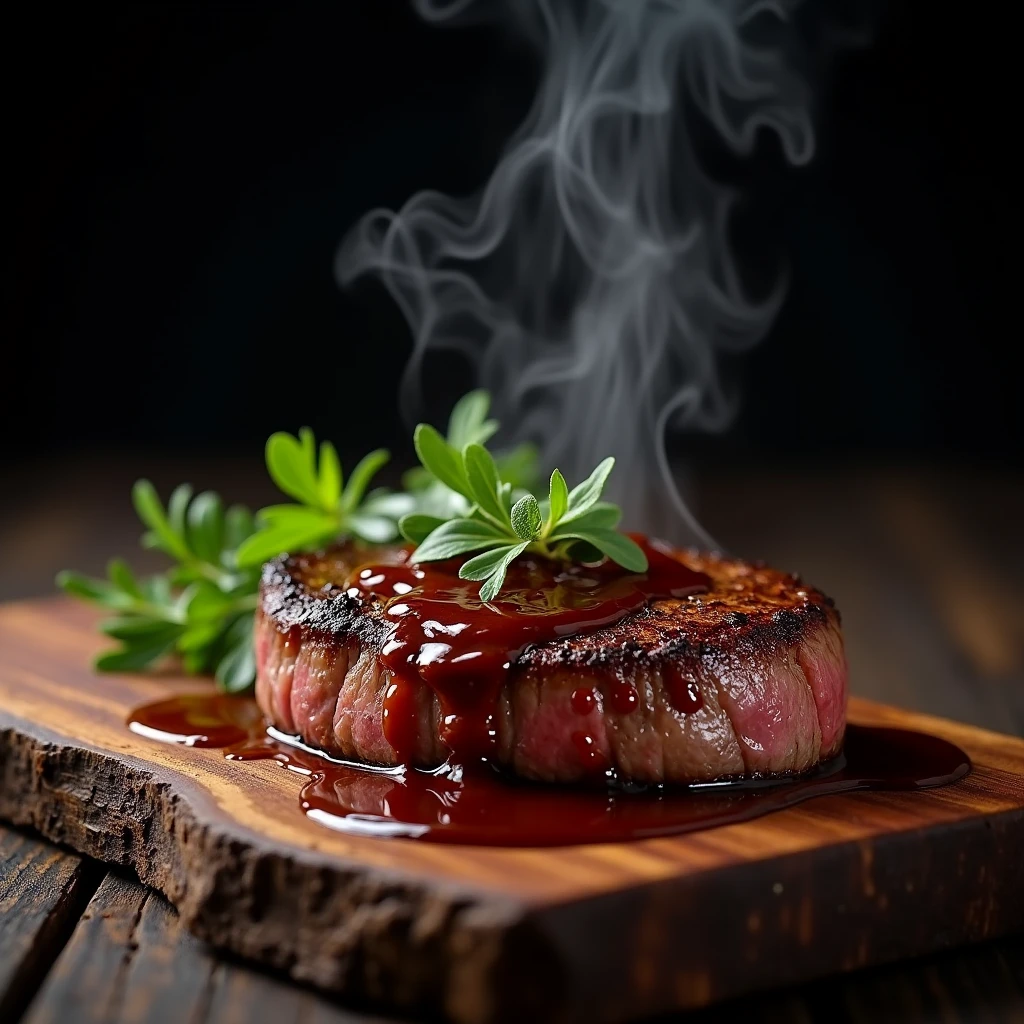 Steak recipe clean picture realistic food, steaming hot, peppercorn sauce on top of the steak and dripping off the side of the steak, on rustic wood floor, placed on a dark background, medium contrast
