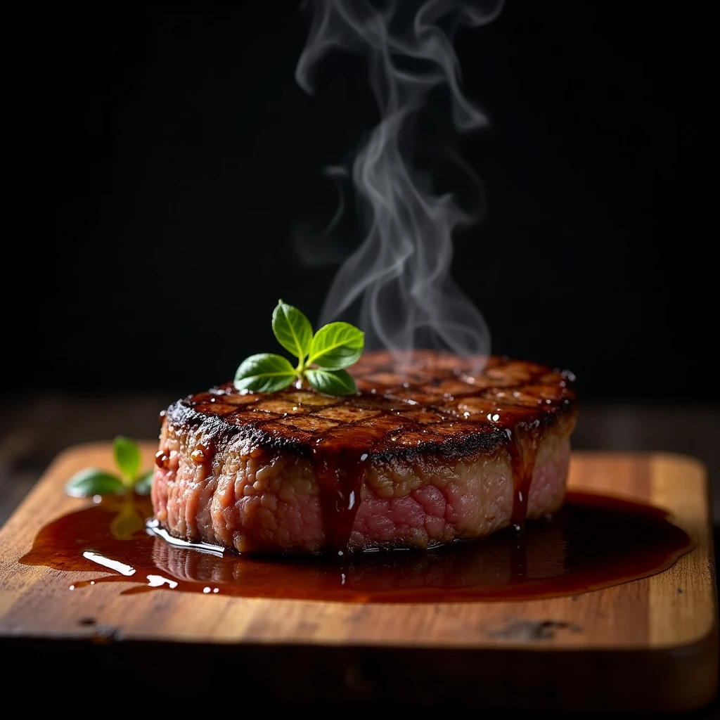 Steak recipe clean picture realistic food, steaming hot, peppercorn sauce on top of the steak and dripping off the side of the steak, on rustic wood floor, placed on a dark background, medium contrast