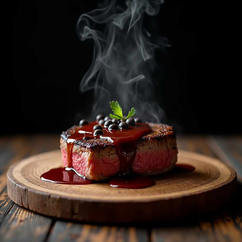 Steak recipe clean picture realistic food, steaming hot, peppercorn sauce on top of the steak and dripping off the side of the steak, on rustic wood floor, placed on a dark background, medium contrast