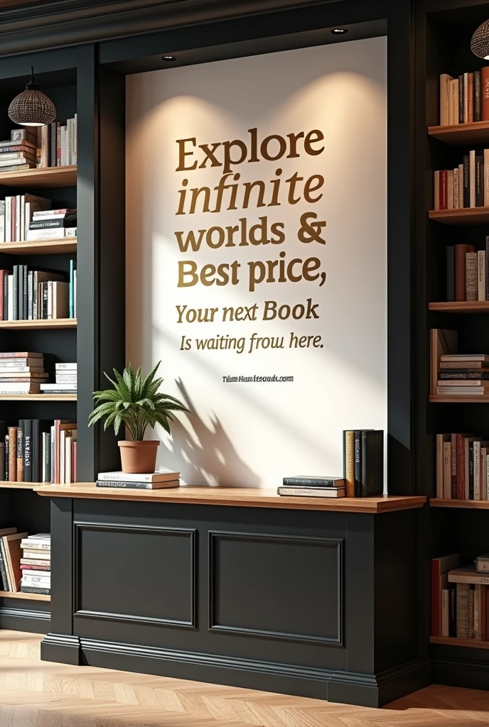 Create an image of a modern bookcase and black wooden bookshelf, At the top add a white sign and gold letters, On the poster add the following text:
Istanbul Bookstore
"Explore infinite worlds at the best price: Your next book is waiting for you here."