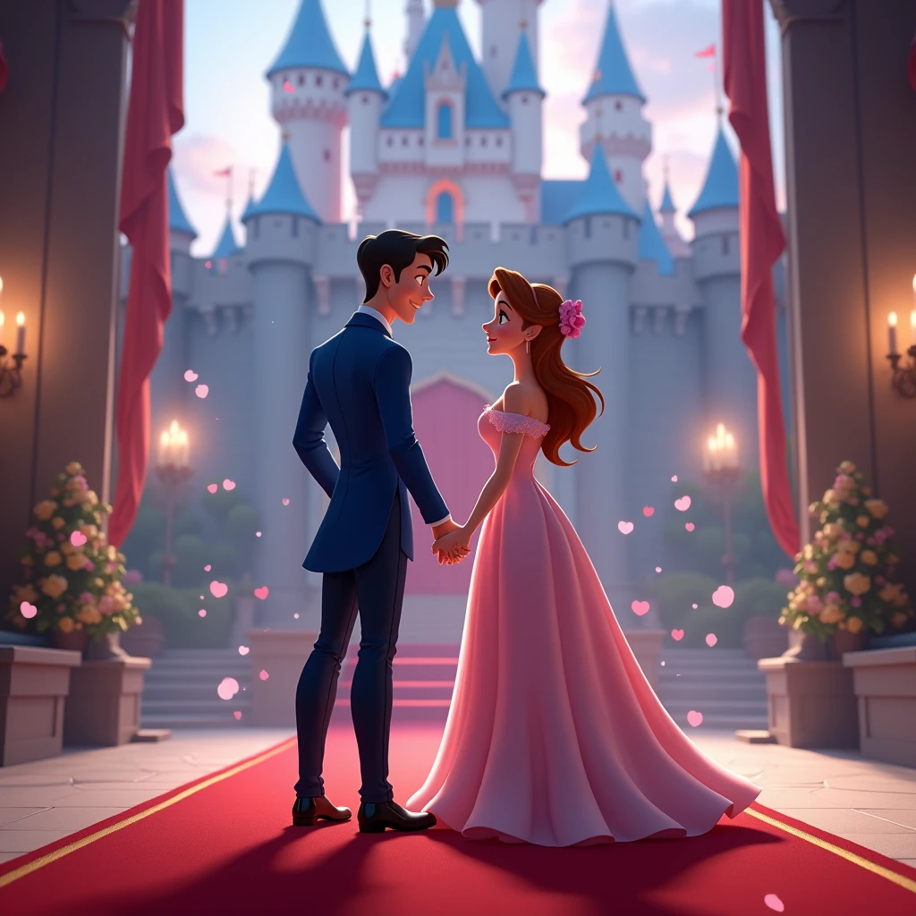 Create a disney couple animated avtar full body image where both are holding each other's hand, wearing blue and pink luxury dress and standing on red carpet , in background the chair of a king with full castle background with flags. s, there is smoke in background a shadow. Make his name visible and clear In background the name "GauravEk ♥️ Sophie" bold and glowing, showing in bold reflection in shadows