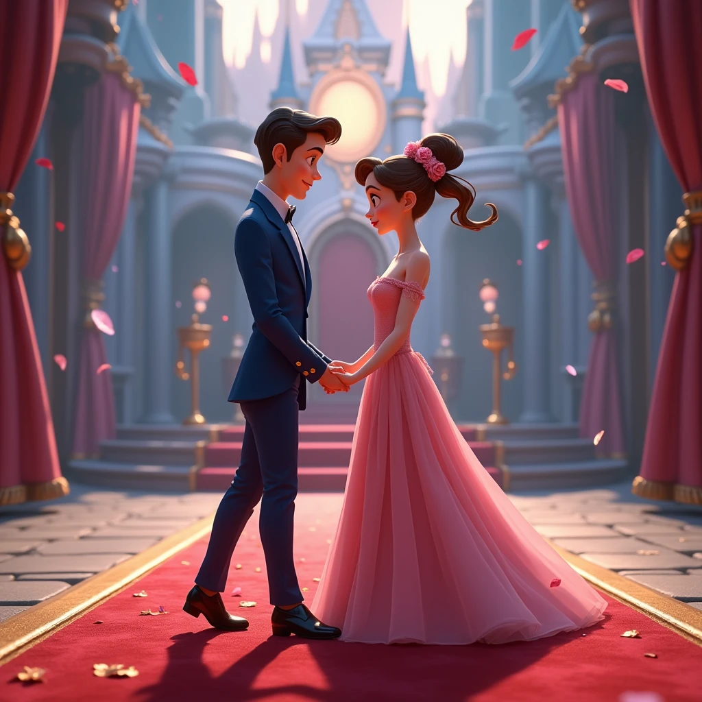 Create a disney couple animated avtar full body image where both are holding each other's hand, wearing blue and pink luxury dress and standing on red carpet , in background the chair of a king with full castle background with flags. s, there is smoke in background a shadow. Make his name visible and clear In background the name "GauravEk ♥️ Sophie" bold and glowing, showing in bold reflection in shadows