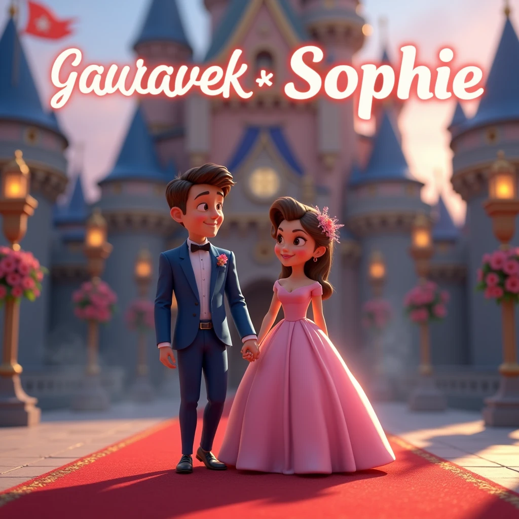 Create a disney couple animated avtar full body image where both are holding each other's hand, wearing blue and pink luxury dress and standing on red carpet , in background the chair of a king with full castle background with flags. s, there is smoke in background a shadow. Make his name visible and clear In background the name "GauravEk ♥️ Sophie" bold and glowing, showing in bold reflection in shadows