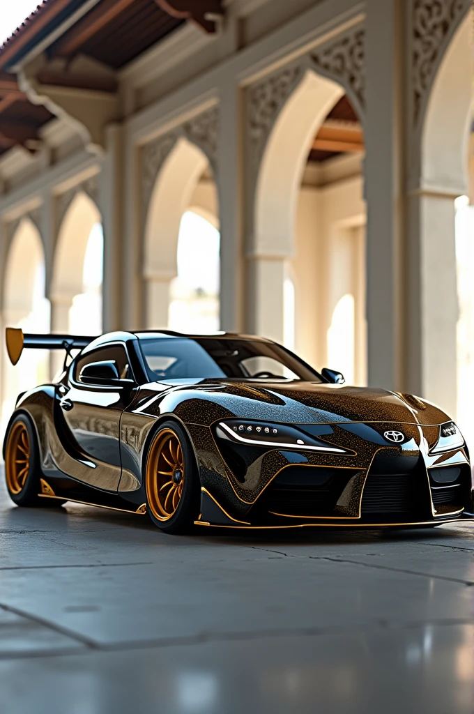Toyota Supra mk4 with fully made black and gloden spoiler and gloden rims and white Ancient design 