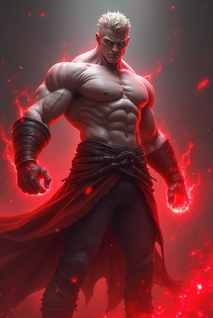 A 2 man, arcane sorcerer doctor of chaotic magic. In attack position. His body is pale white, light gray eyes, short wavy blonde hair, muscular and tall and robust and toned. With scarlet energy around, and scarlet energy emanating from his hands.