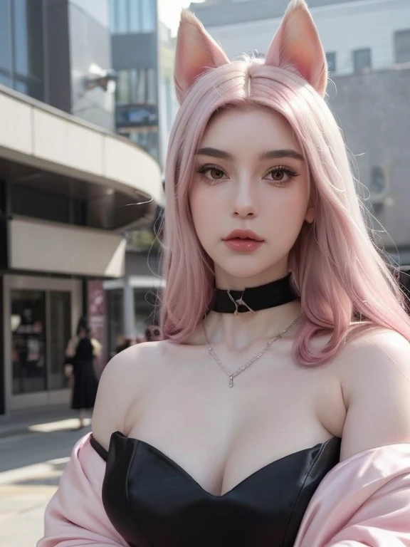 beautiful Kitsune girl wearing black dress, she has waist length pink hair, pink kitsune cat ear, pale white skin, beautiful flirting eyes, high nose, slim face,v-line chin, black high neck dress, neck wearing a necklace, city background, close face image