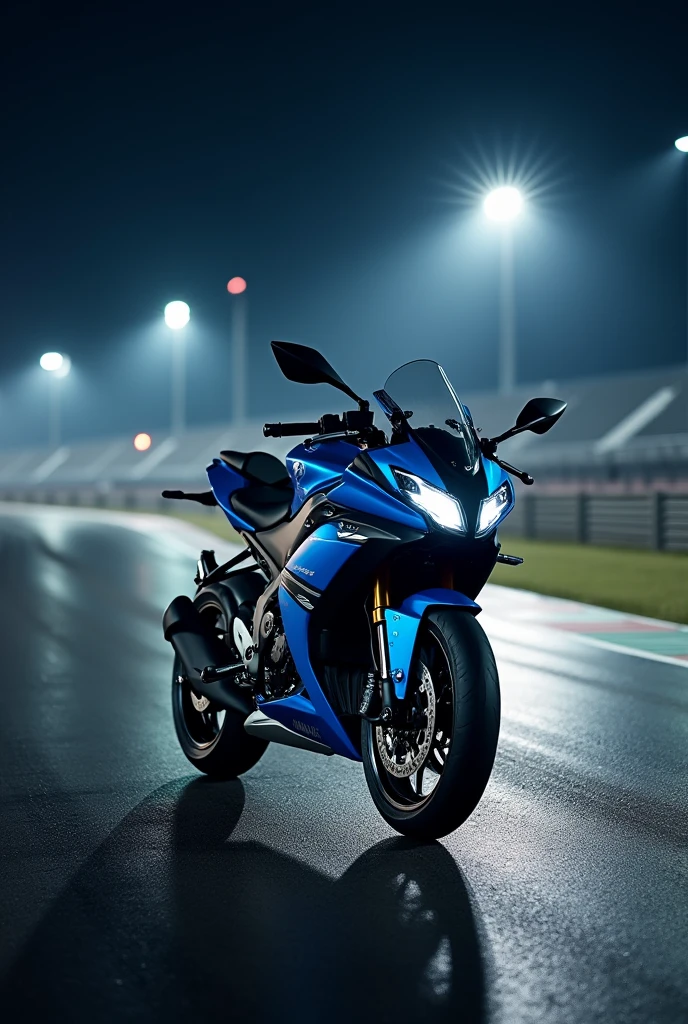 Yamaha mt15 sky blue and black without racer  in race track at night