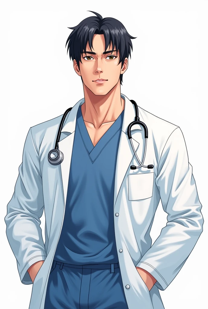 A simple illustration of a doctor in a white coat and scrubs that could be used as an Instagram profile picture. A muscular, handsome man. His hair is straight and looks like Yamashita Tomohisa
