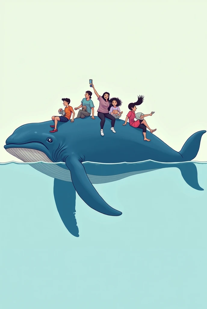 Minimalist illustration of young woman with long brown hair swimming with orcas while holding a perfume