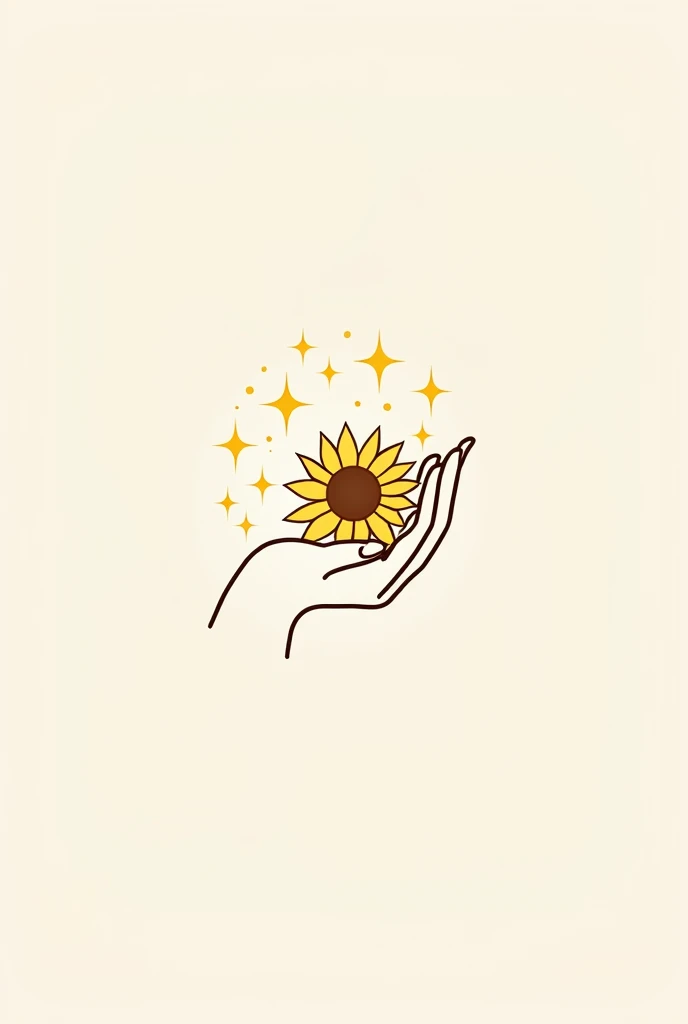 Draw 2d logo of female hand holding sunflower with sparkling stars around in Minimalism style ( with single strokes and no shading)