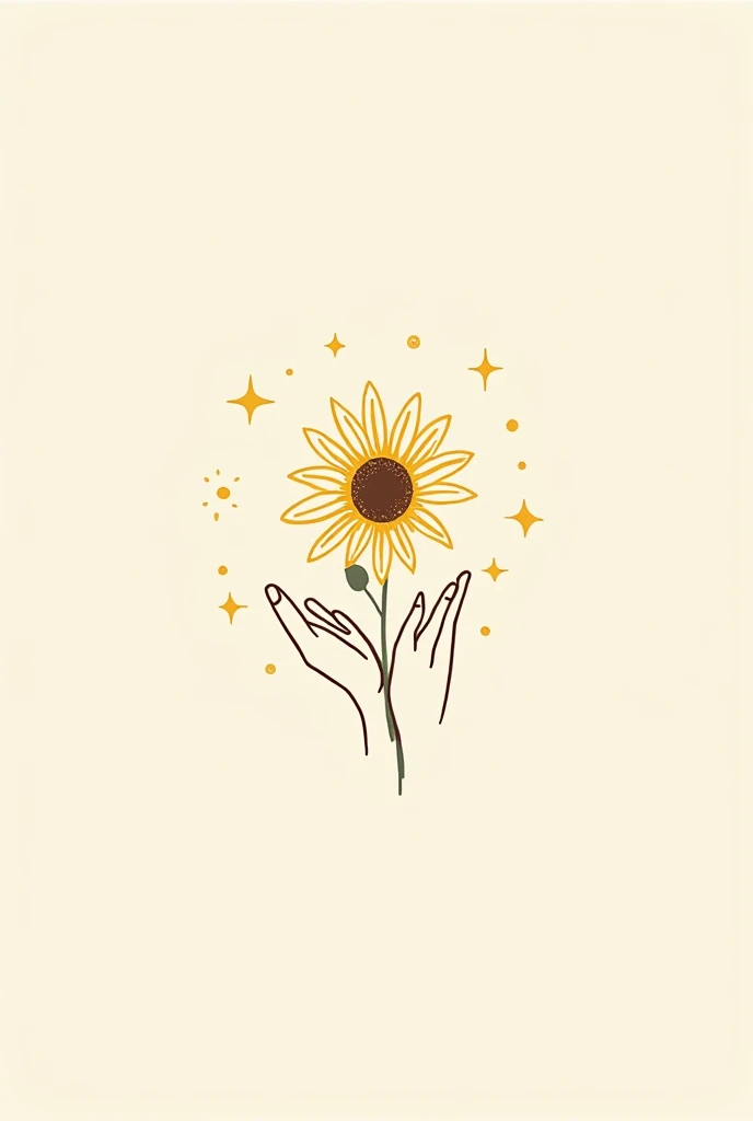 Draw 2d logo of female hand holding sunflower with sparkling stars around in Minimalism style ( with single strokes and no shading)