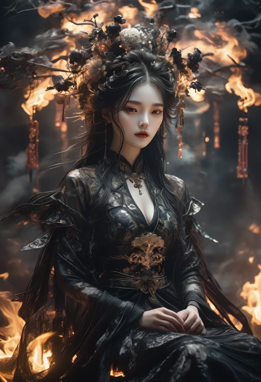 The picture is symmetrical, Symmetrical artistic double exposure style, Volumetric Lighting, Lean forward,light depth, Dramatic atmospheric lighting, Volumetric Lighting, Ghosting effect, Image combination,
(Practical, photoPractical),The girl sits on the throne, and Black flames spread around her from the center
(Black:1.2)
The girl is wearing a Hanfu made up of Black ghosts and skeletons. The Black ghosts and skeletons surround the girl, with Black flames burning and ghosts all around.