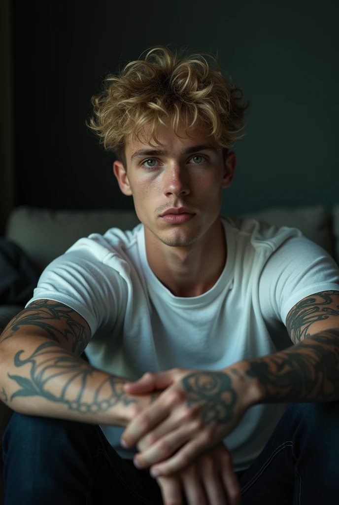 Dark image, A young and handsome man of 20 years old, with curly blonde hair and green eyes that convey sadness. his face is attractive, Without beard, but with some marks that suggest it has been through difficult times. A CRYSTAL TEAR shines on her cheek. He is sitting on a sofa in a dark and neutral environment, with elbows resting on knees. He is wearing a white shirt that highlights his athletic figure and worn mechanic&#39;s pants.. Both of his arms are covered in tattoos., which adds an artistic touch to its appearance. The expression on his face reflects melancholy., creating an introspective atmosphere, that the image looks dark and only focuses on the young man

