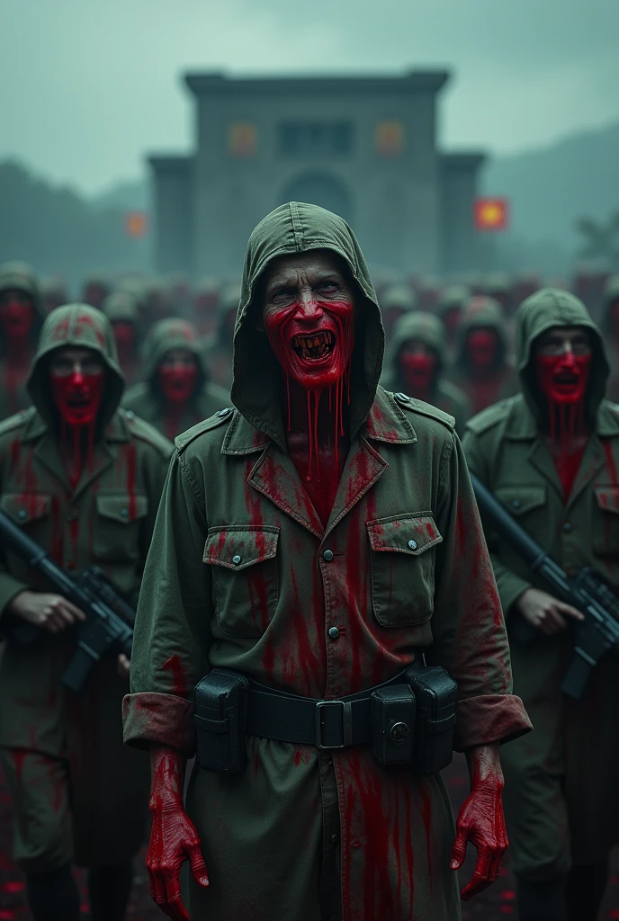 The old Vietnamese zombie soldier is completely covered in blood, blood is coming out of his mouth and many other soldiers are standing behind him. There is a dark area and there is a fort behind which is quite scary. All these zombie soldiers have guns and knives in their hands. And many soldiers have cloths tied over their mouths which are soaked in blood. In night ( 16:9)