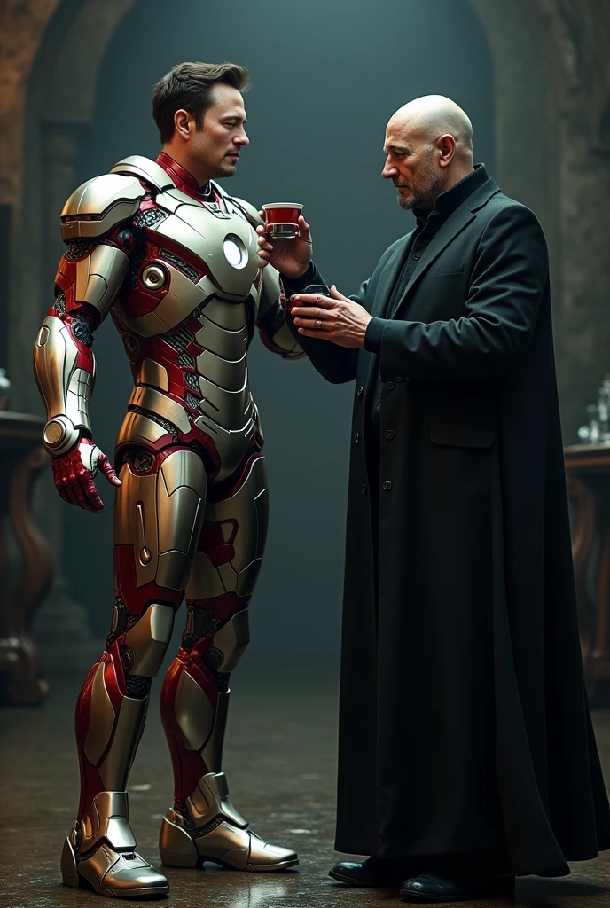 Elon Musk in the Iron Man suit taking a sip from Minister Alexandre de Moraes dressed as Valdemort