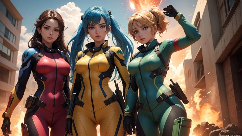 4 soldier women, each one by their respective color, blue, red, yellow and green, 3D anime style, vibrant, war, fit, explosions, beauty woman, pretty, guns, vibrant image