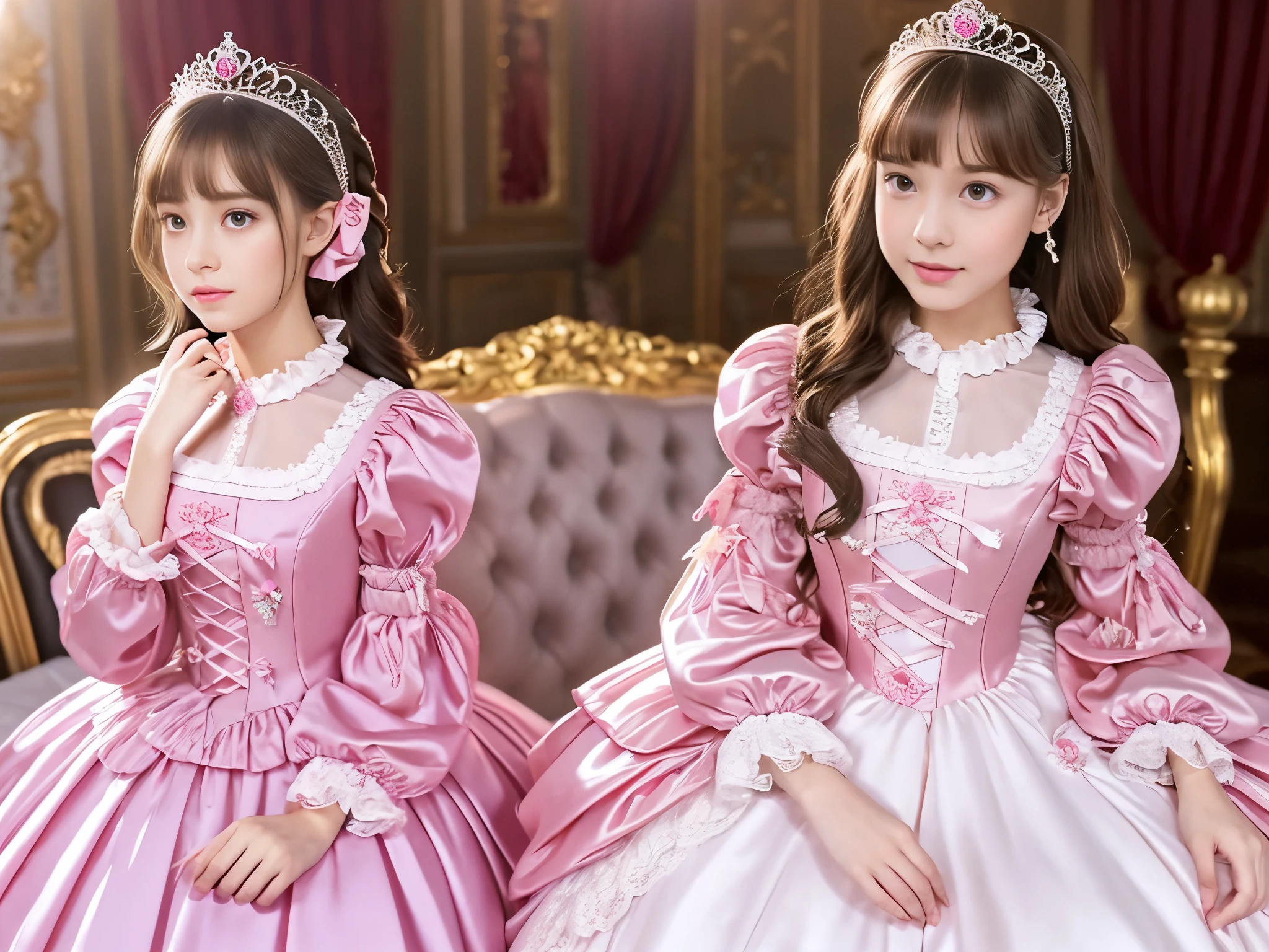 ,highest quality, masterpiece, highest resolution, artwork, super それにget used to it, many get used to it, get used to it, それにget used to it, 3k realistic pictures,,(( girls)),Ultra-detailed juvenile face,two are princesses,full length ball gown dress with hoop skirt,ruffled yoke collar,puff sleeves,long sleeve,((Lolita style hot pink detailed princess satin dress with lots of ruffles and ribbons)),Rococo style lolita fashion,shiny satin dress,Soft and smooth fabric,luxury,long blonde hair,blue eyes,white skin european,Pajama,((in the bedroom)),high quality princess canopy bed,