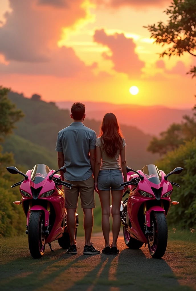 generates an image of a man and woman couple who are back to back looking at two YAMAHA R1 motorcycles in the distance, One of the motorcycles is pink and the other is red in a beautiful sunrise with a green landscape. I need the bike to be stopped on its side and for the image to be as realistic as possible.