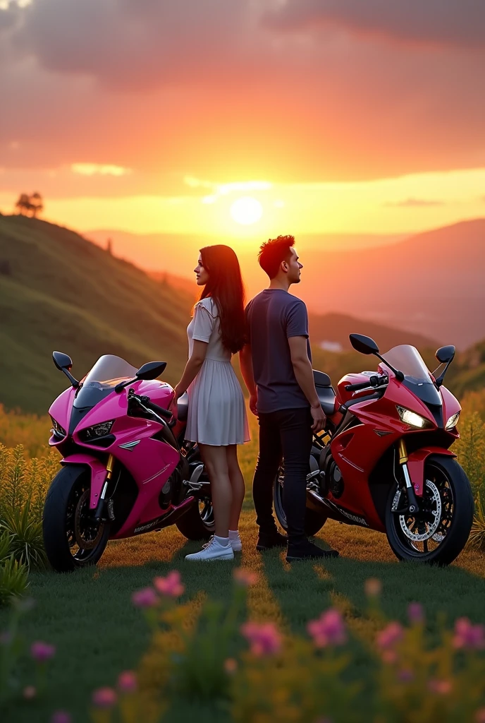 generates an image of a man and woman couple who are back to back looking at two YAMAHA R1 motorcycles in the distance, One of the motorcycles is pink and the other is red in a beautiful sunrise with a green landscape. I need the bike to be stopped on its side and for the image to be as realistic as possible.