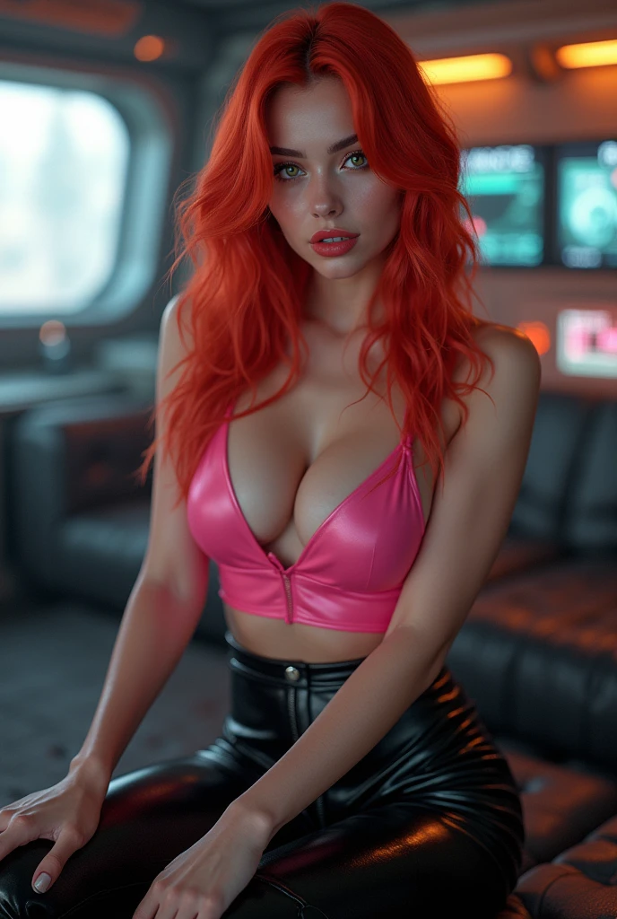 portrait photo of LenkaRegalova beautiful woman, red hair, topknot, pink bodysuit, night club, (masterpiece) (best quality) (detailed) (8k) (HDR) (wallpaper) (cinematic lighting) (sharp focus) (intricate)