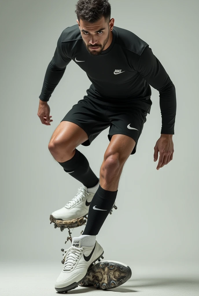 a man on tiptoe, on the right foot a white Nike sneaker and on the left foot a soccer cleat,