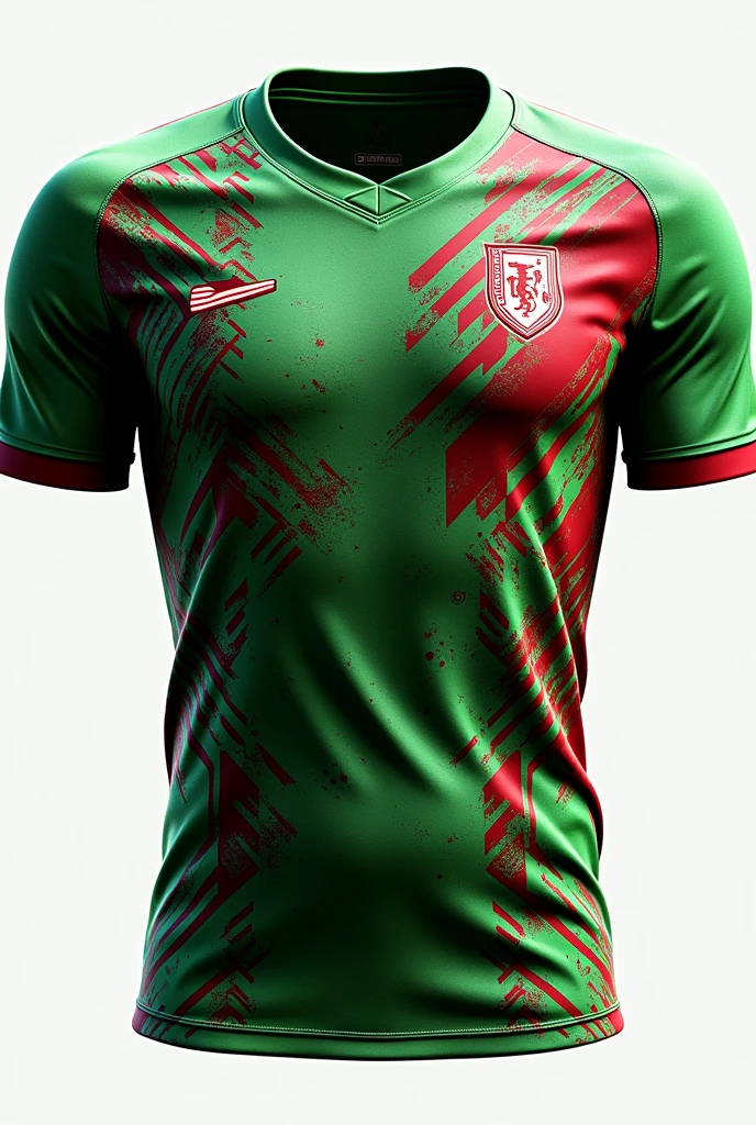 A football jersey with Unique patterns, From front, attractive, no logos, no texts, no human, only jersey, green and red