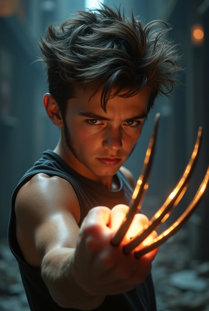 age boy with Logan style hair in fighting pose with 3 metal claws coming out of his fist