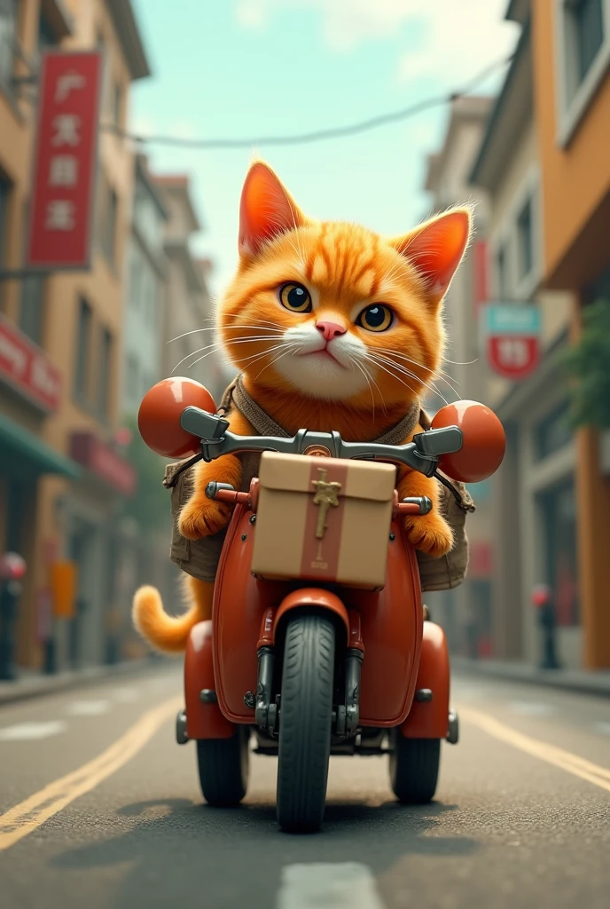 Cute close-up of an orange cat walking around the city., road, (Kinetics: 1.2), complicated details, ((Cat driving a parcel delivery truck)) ,Two-legged standing,Cat delivers packages
