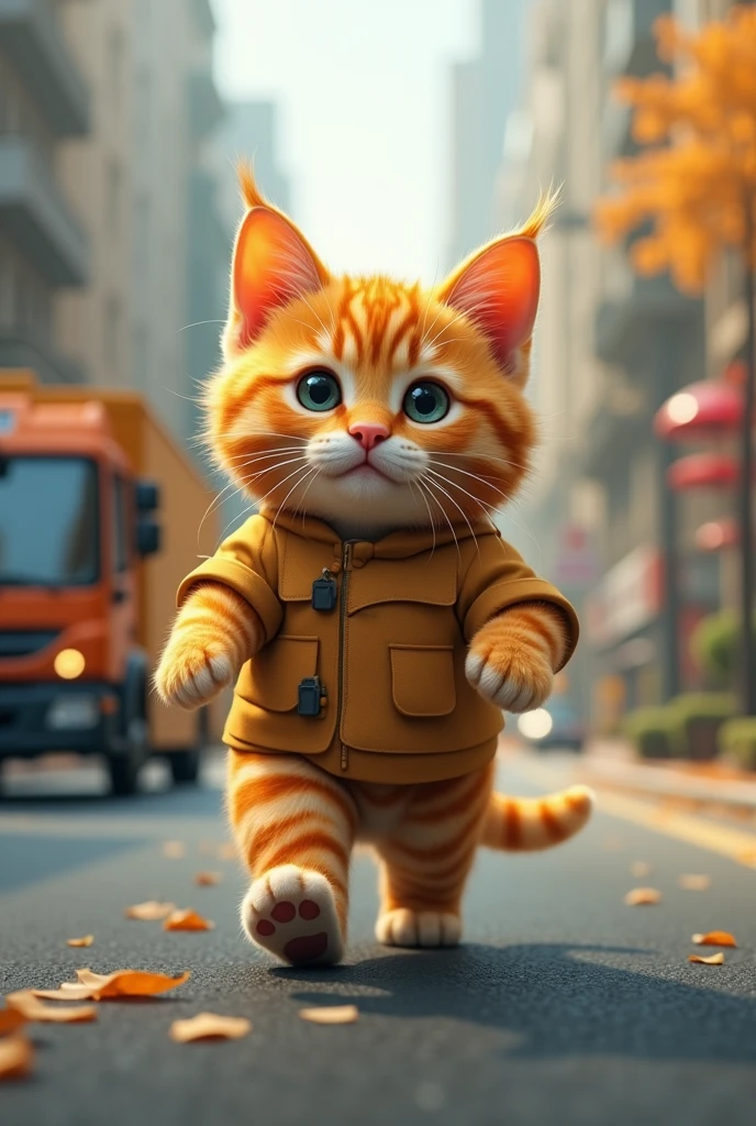 Cute close-up of an orange cat walking around the city., road, (Kinetics: 1.2), complicated details, ((Cat driving a parcel delivery truck)) ,Two-legged standing,Cat delivers packages
