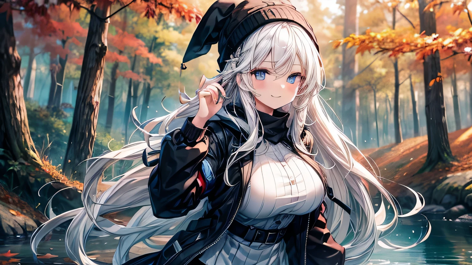 masterpiece, high quality, A beautiful woman in a camp, Long hair, wavy hair, White hair, blue eyes, smiling face, big breasts, juicy breasts, Open shirt, short skirt, black jacket, black beanie hat, Whole body, Autumn season, background of a forest with lake