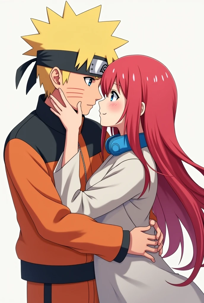 Naruto Uzumaki with Miku from the red-haired quintuplets with long hair and a long lock of hair on her bangs with blue headphones around her neck hugging in anime style