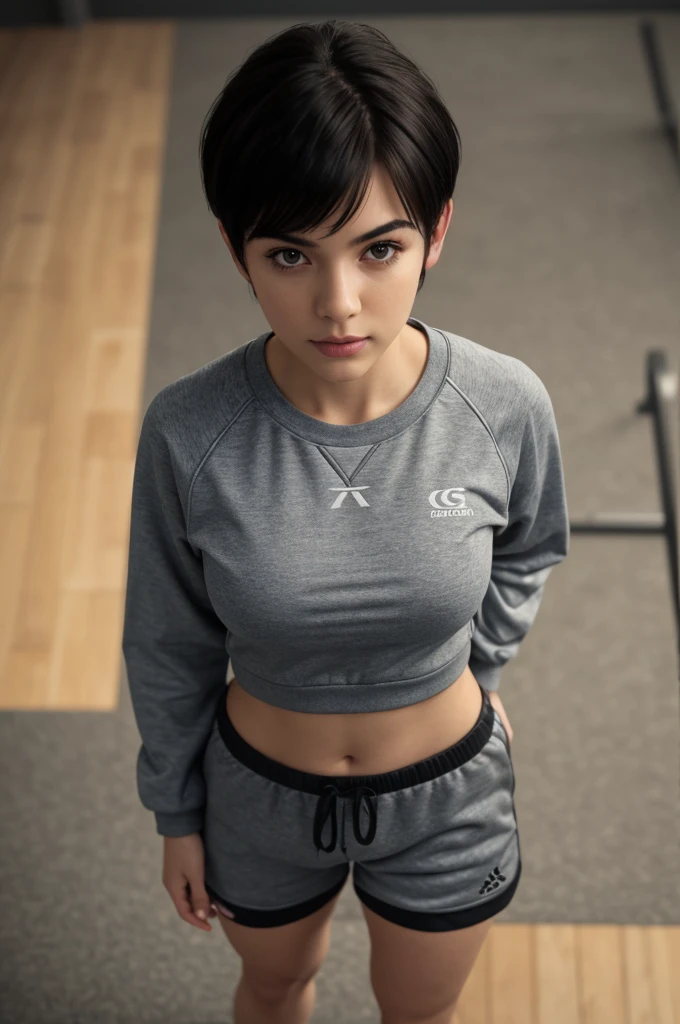 (ultra realistic,32k, masterpiece:1.2),(high detailed skin:1.1),( 8k uhd, dslr, high quality:1.1),
 1girl,black hair, pixie cut wearing a big black oversized sweatshirt with high waisted pajama shorts, wearing realistic boxing gloves masacara, (red lips:0.8), small sexy breast, 
(looking at viewer, standing, from above:1.1),, (upper body:1.1),
,(ambient lighting:1.1), at the gym background