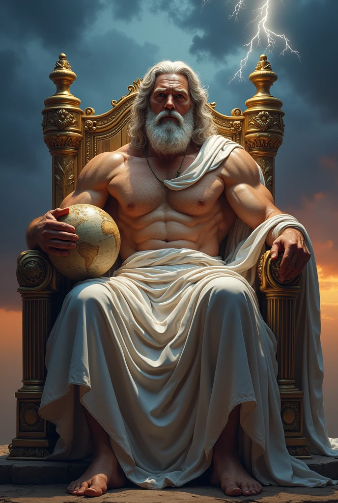 Zeus sits on a throne with a world globe in his left hand and a lightning rod in his right hand., in the style of an oil painting. Use camera focus f/2.0 to focus primarily on Zeus and the globe, with a subtle twilight sky background. 8K resolution to display deep details on thrones and sky textures."