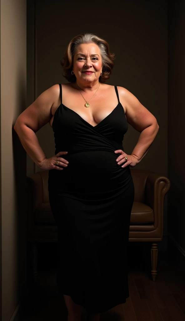 Older fatty women in hot dress in room full body in black dress
