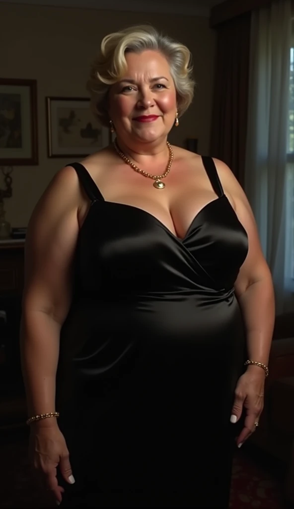 Older fatty women in hot dress in room full body in black dress