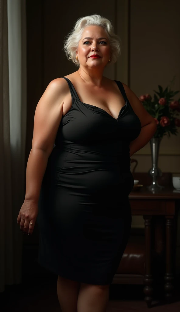 Older fatty women in hot dress in room full body in black dress 