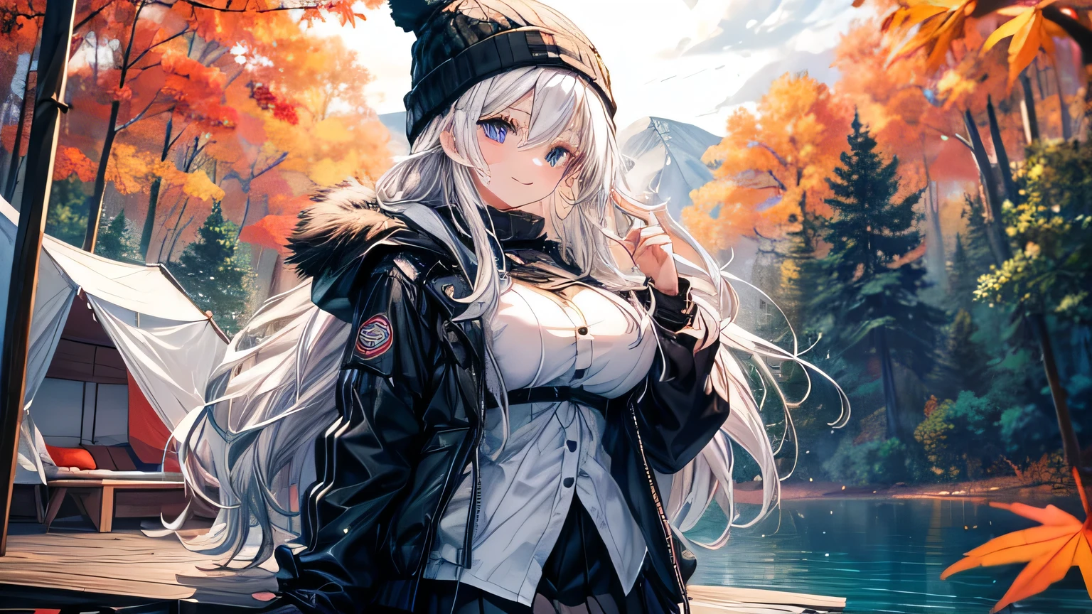 masterpiece, high quality, A beautiful woman in a camping tent, Long hair, wavy hair, White hair, blue eyes, smiling face, big breasts, juicy breasts, Open shirt, short skirt, black jacket, black beanie hat, Whole body, Autumn season, background of a forest with lake