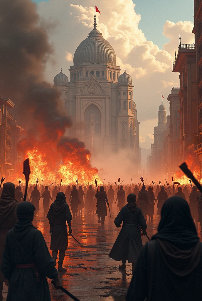 Terrorist attack in the Vatican, A devastating act of ???????? occurring in the heart of the Catholic Church. People are in chaos, buildings are on fire and the sound of gunfire echoes through the streets.