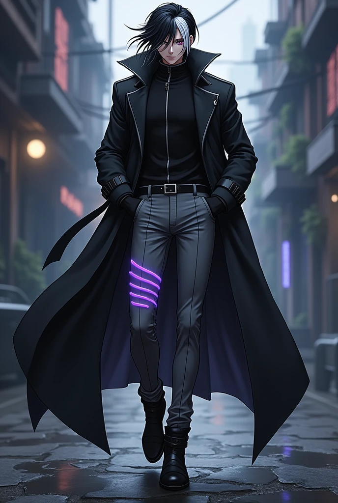 A sexy black skin anime male character Black hair with a white stripe on it wearing a bad ass long black coat and wearing long gray pants with purple glowing stripes and wearing boots