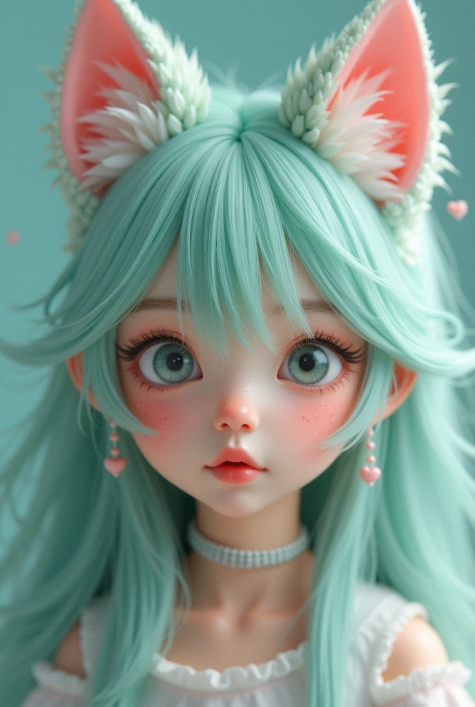 A Korean boy of approximately , long haired and mint colored, with mint colored eyes, with freckles on her face, a heart-shaped birthmark on her cheek, and thick, full lips, pink. With light pink wolf ears.