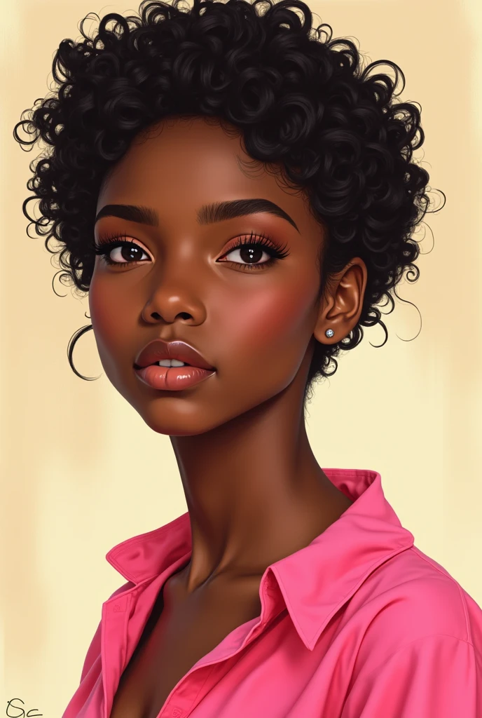 I draw a brown skinned woman with short curly hair and eyeliner wearing a pink blouse with a beige background.