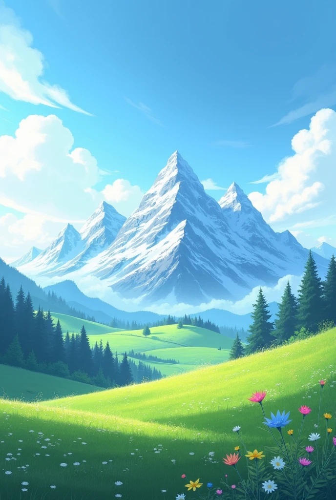 Mountain with cloud and sun and grass land