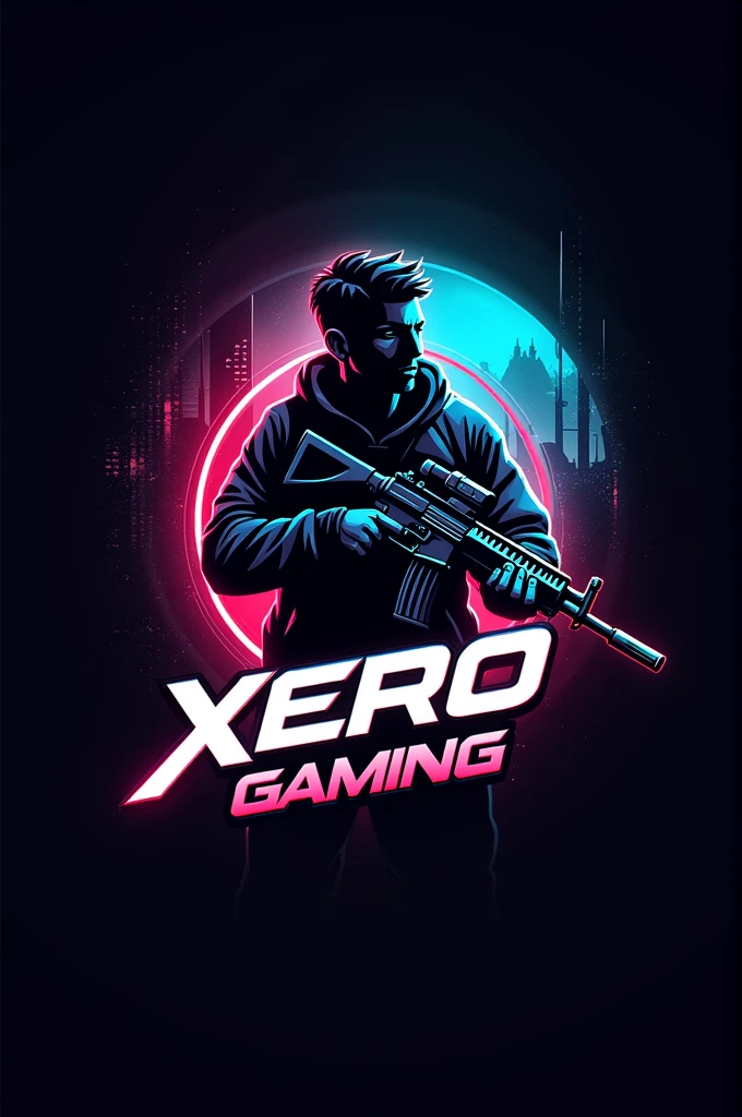 **Logo Description:**
- **Central Figure:** A dynamic, stylized silhouette of a man holding an UMP (submachine gun) in the middle of the logo. The character should have a strong, confident pose, symbolizing power and focus.
- **Background:** A subtle gaming-themed background with elements like digital circuits, pixels, or a battlefield scene, with a gradient that transitions from dark to light, enhancing the figure's prominence.
- **Text:** The channel name "Xero Gaming" should be bold and modern, positioned either above or below the central figure. The font should be futuristic or tech-inspired, with a metallic or neon finish.
- **Color Scheme:** A combination of dark and vibrant colors—think black, dark blue, and electric green or red—to convey a sense of intensity and energy.
Make the characte a bit chartoonic and use red and blue neon light as background