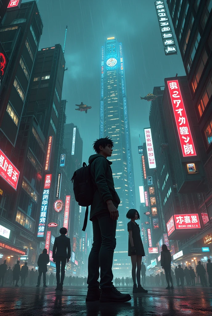 Dark cyberpunk scene with famous anime characters