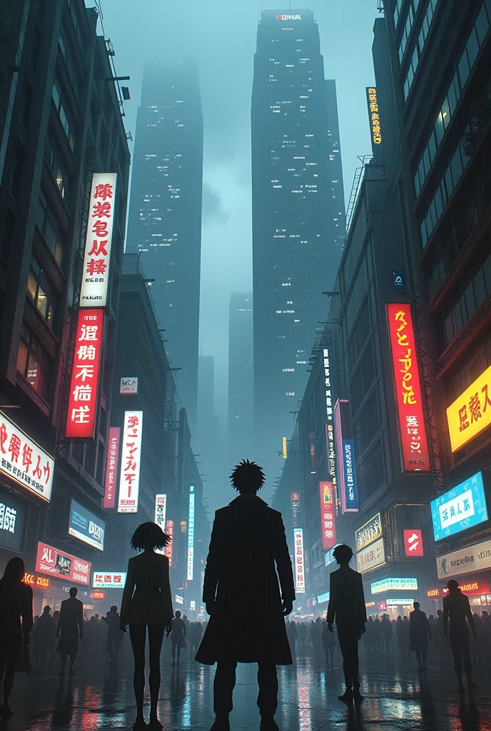Dark cyberpunk scene with famous anime characters