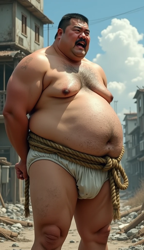 Photorealistic middle-aged obese Japanese male、Single eyelid、50th Generation、Short black mustache、Short black buzz cut、whole body、Fat-laden muscle bear、Homosexuals、Full Body、Thick, short legs with muscle and fat、Short, thick arms with muscle and fat、Square, thick face、Thick and muscular chest、Thick waist、A thick belly with muscle and fat、Dark, tanned skin、Hairy、筋肉と脂肪が着いて大きい胸部Thick waist、Thick boar neck、Thick Ass、A firm, taut and plump body、Thinning hair、Middle Age、Yellow race and dark skin、father、Father、father、has narrow eyes、Erotic、He was wearing white briefs and had some urine stains around his genitals.、Standing with one arm folded behind his back、The whole body is bound with a thick rope.、Side view, facing towards the viewer、Ultra-realistic high quality、Highest quality, Anatomically correct, tears, I want to cry, Character portrait, saliva, Grit your teeth, Drooling, Heavy breathing, tearsを流す, In the ruins during the day、Open your mouth,
