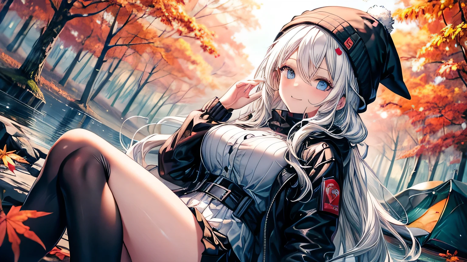 masterpiece, high quality, A beautiful woman in a camping tent, Long hair, wavy hair, White hair, blue eyes, smiling face, big breasts, juicy breasts, Open shirt, short skirt, black jacket, black beanie hat, Whole body, Autumn season, background of a forest with lake