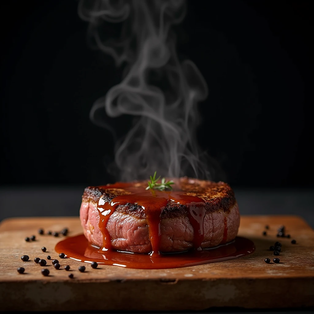 Steak recipe clean picture realistic food, steaming hot, peppercorn sauce on top of the steak and dripping off the side of the steak, on rustic wood floor, placed on a dark background, medium contrast

